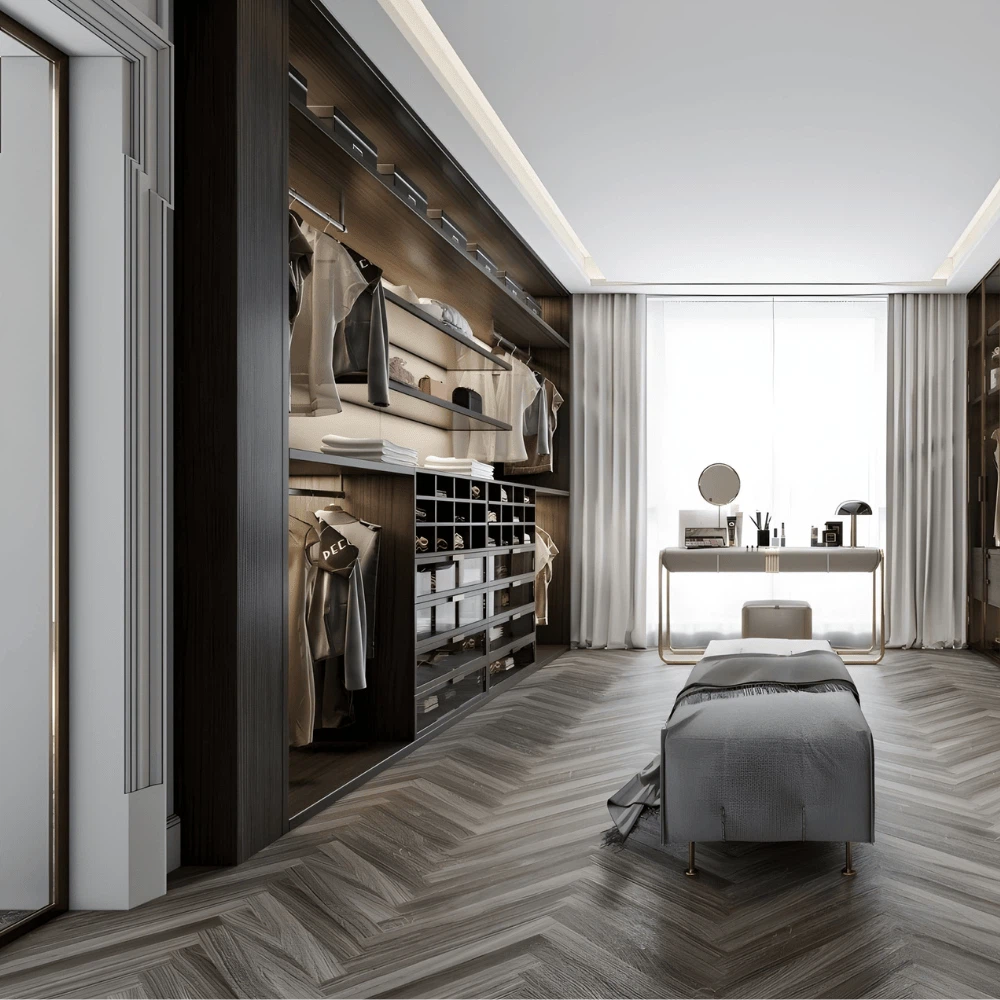 Modern elegant dressing room with glass door wardrobe and vanity table Modern elegant dressing room with glass door wardrobe and vanity table