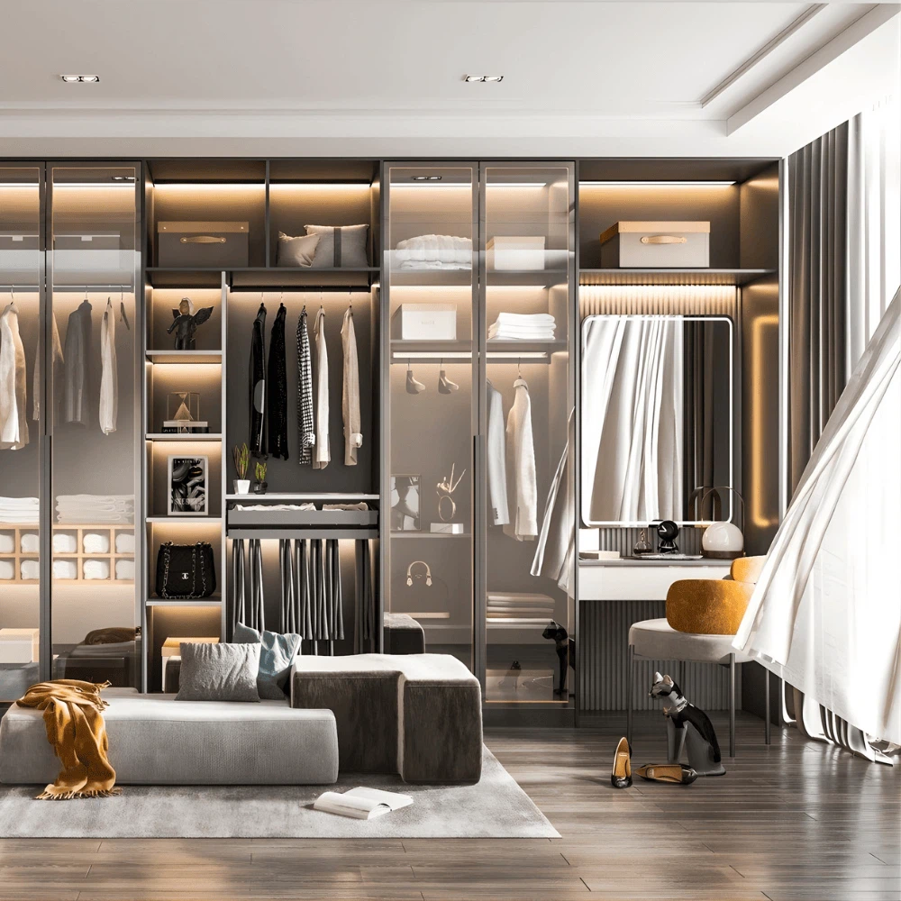 High end glass walk in closet with modern lighting and open wardrobe design High end glass walk in closet with modern lighting and open wardrobe design