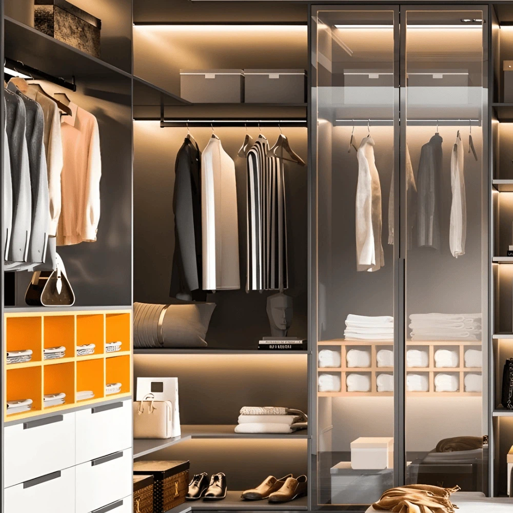 Modern high end walk in closet with glass doors and custom storage shelves Modern high end walk in closet with glass doors and custom storage shelves