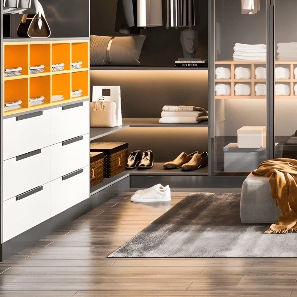 High end closet with drawer system and organized shoe storage in modern style High end closet with drawer system and organized shoe storage in modern style