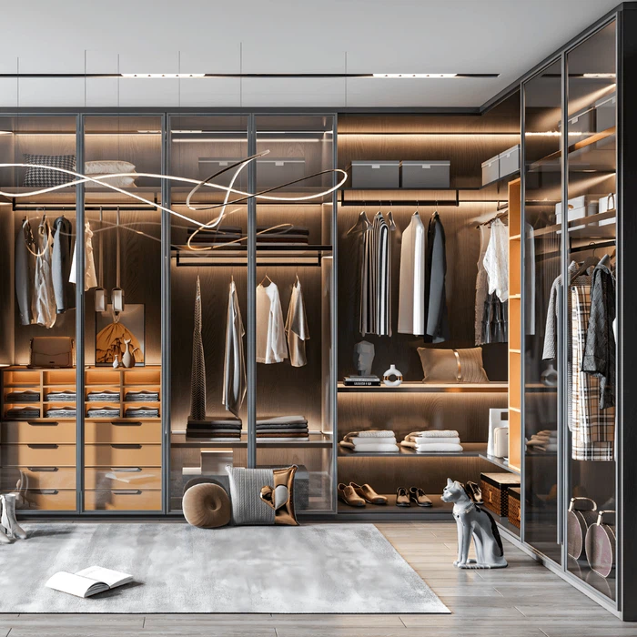 Modern premium glass wardrobe showcasing organized storage and wooden accents. Modern premium glass wardrobe showcasing organized storage and wooden accents.