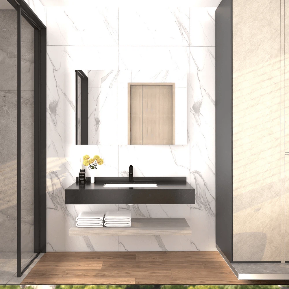 Luxury bathroom vanity with stone top, mirror cabinet, and under-shelf towels. Luxury bathroom vanity with stone top, mirror cabinet, and under-shelf towels.