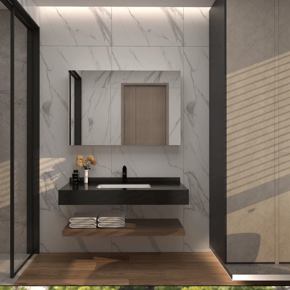 Contemporary black and wood bathroom vanity unit with stone countertop. Contemporary black and wood bathroom vanity unit with stone countertop.